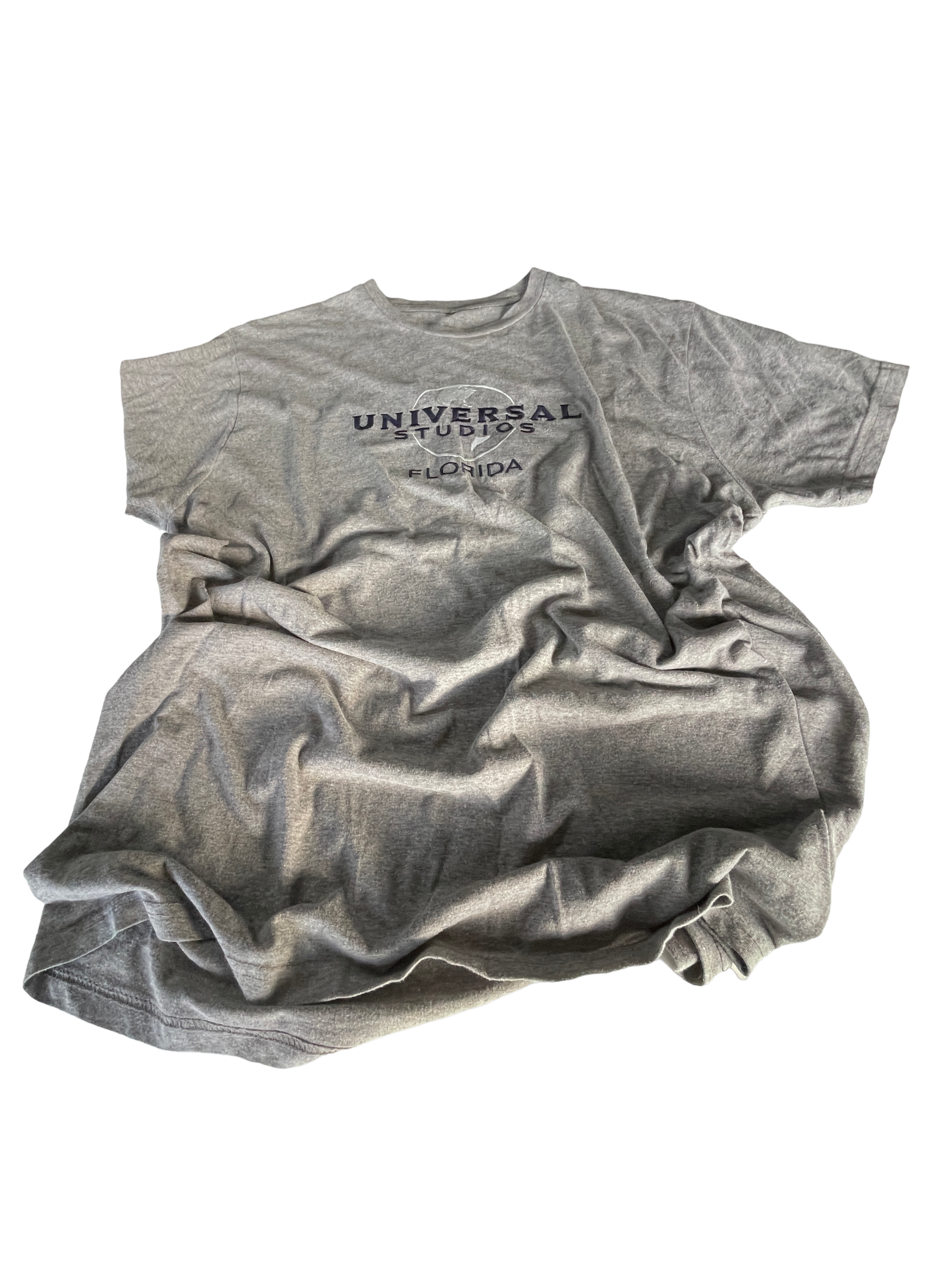Vintage 90s Universal &nbsp;souvenir Studios Orlando Embroidered Shirt Men's Grey T-shirt &nbsp;Size M/L Faded Navy Logo L 30 W 21 SKU 5166