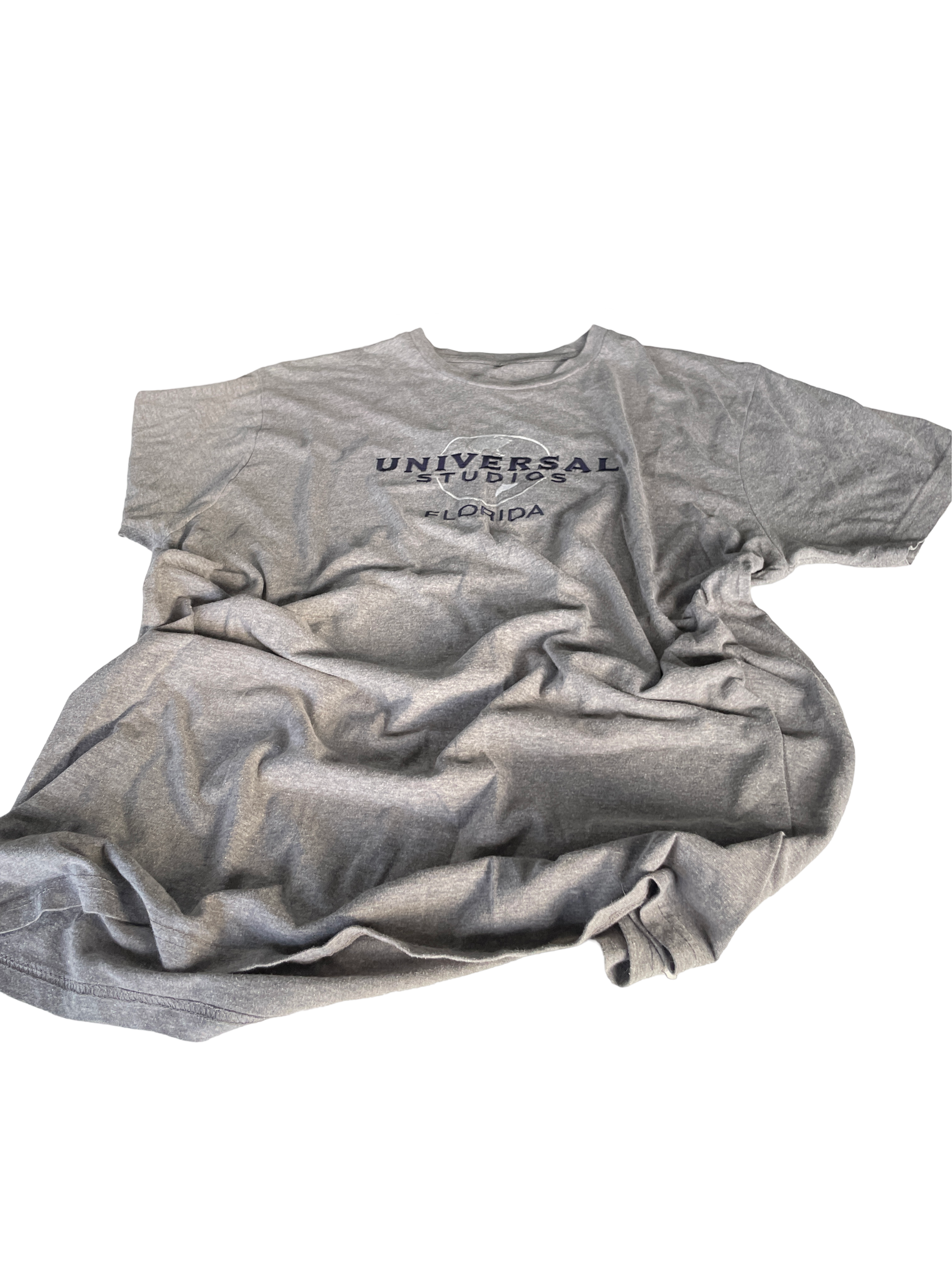 Vintage 90s Universal &nbsp;souvenir Studios Orlando Embroidered Shirt Men's Grey T-shirt &nbsp;Size M/L Faded Navy Logo L 30 W 21 SKU 5166