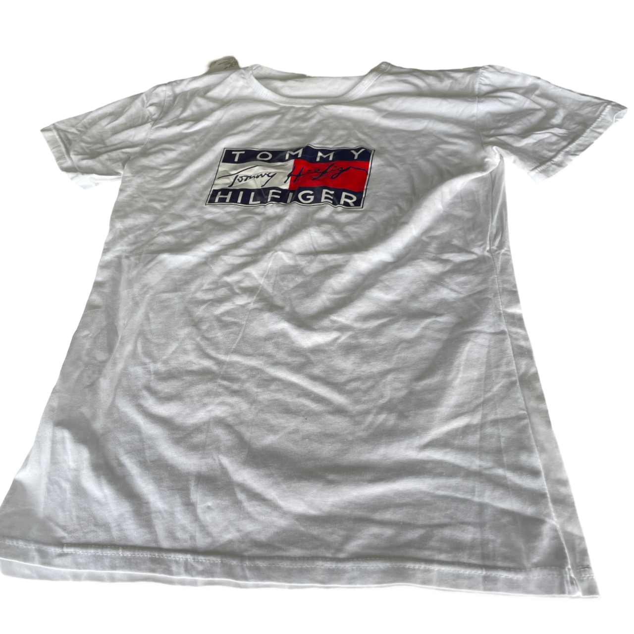 Vintage 90s Tommy Hilfiger men's  small White T-shirt L 26 W 17 SKU 5203