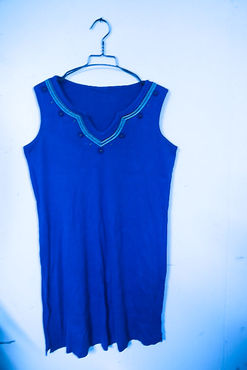 Vintage Womens Beaded Stud Flared Tunic sleeveless blue top in M/L|L36 W22|SKU 6539