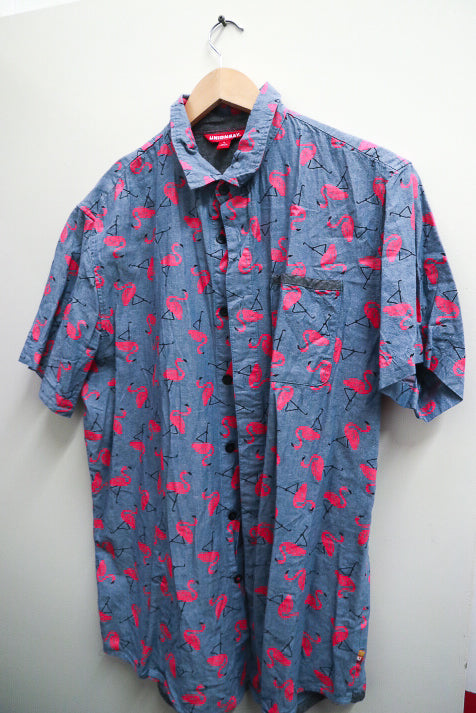Vintage Unionbay grey pink abstract pattern mens short sleeve shirt