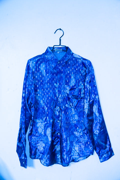 Vintage men Thai silk blue patterned long sleeve shirt in XL|L32 W21|SKU 6541