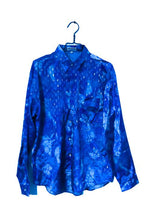 Vintage men Thai silk blue patterned long sleeve shirt in XL|L32 W21|SKU 6541