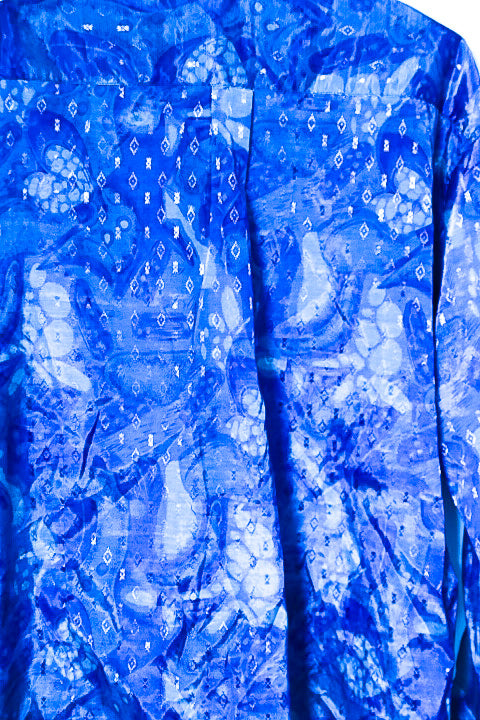 Vintage men Thai silk blue patterned long sleeve shirt in XL|L32 W21|SKU 6541