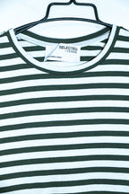 Vintage women Selected femme white & green stripe long sleeve crew neck top in M|L24 W15| SKU 6546