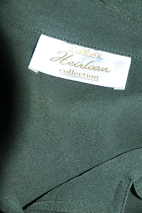 Vintage women Eastex heirloom co. khaki green silk button down shirt in L|L29 W21|SKU 6547