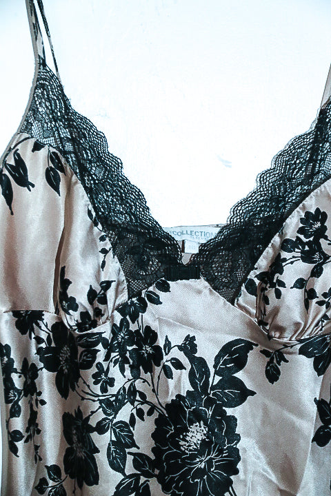 Vintage women 100% silk black and cream floral chemise lace night gown UK 10|L30 W16|SKU 6550