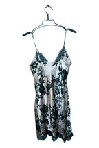 Vintage women 100% silk black and cream floral chemise lace night gown UK 10|L30 W16|SKU 6550