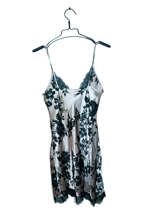 Vintage women 100% silk black and cream floral chemise lace night gown UK 10|L30 W16|SKU 6550