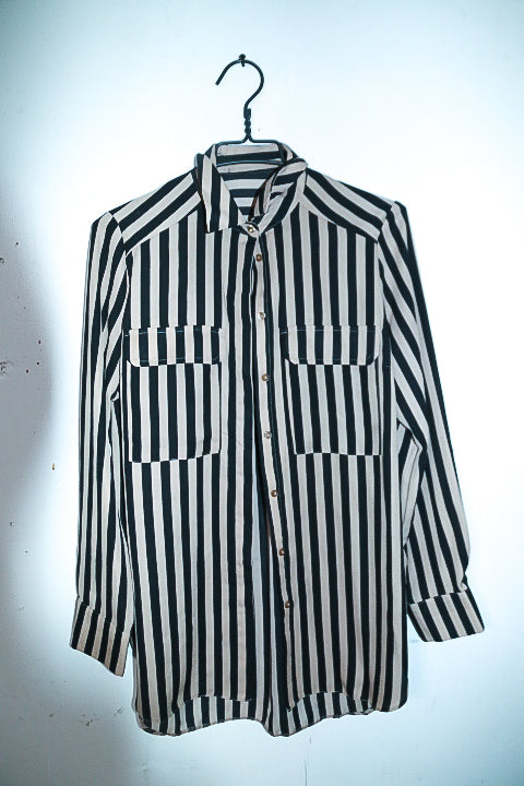 Vintage Women's black & white Striped Button Down Long Sleeve shirt UK12|SKU 6554