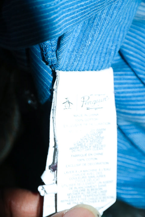 Vintage mens blus stripe Penguin Original short sleeve tees in L|L29 W22|SKU 6563