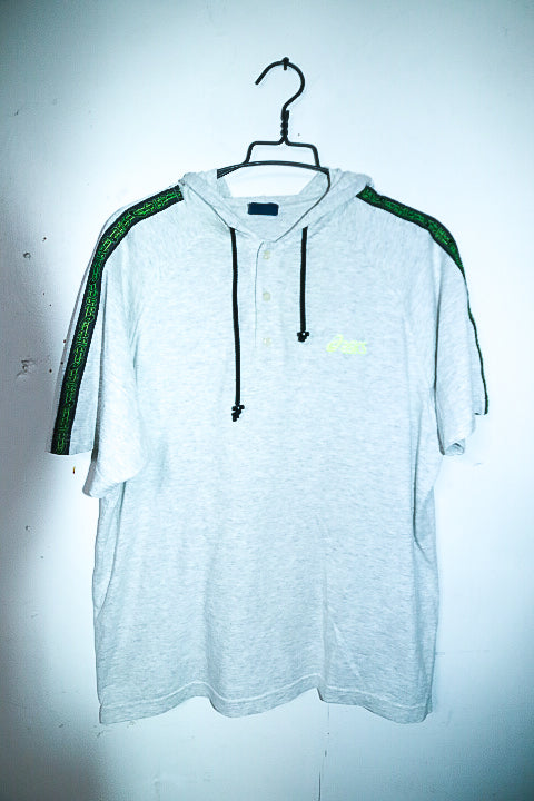 Vintage men Oasis grey 1/4 button short sleeve hooded top in L|L29 W25|SKU 6564