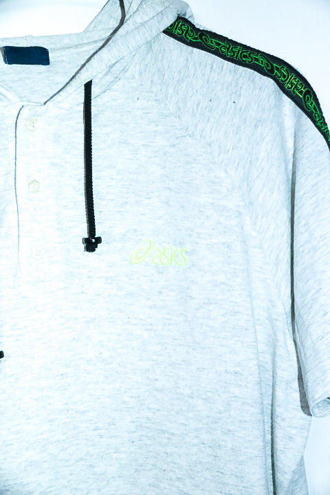 Vintage men Oasis grey 1/4 button short sleeve hooded top in L|L29 W25|SKU 6564