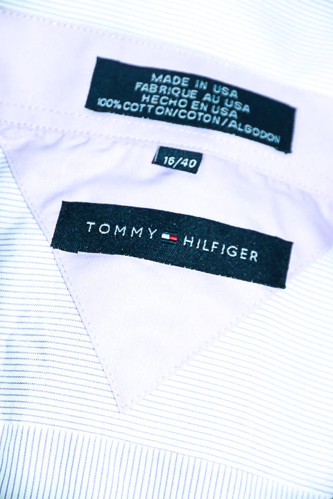 Vintage men Tommy Hilfiger purple vertical stripe long sleeve shirt in L|L32 W22|SKU 6579