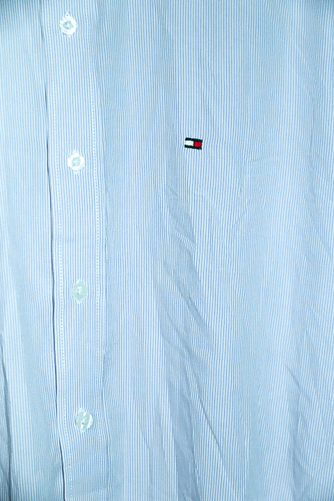 Vintage men Tommy Hilfiger purple vertical stripe long sleeve shirt in L|L32 W22|SKU 6579