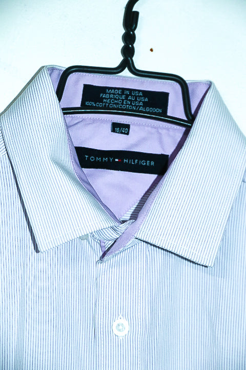 Vintage men Tommy Hilfiger purple vertical stripe long sleeve shirt in L|L32 W22|SKU 6579