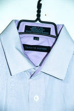Vintage men Tommy Hilfiger purple vertical stripe long sleeve shirt in L|L32 W22|SKU 6579