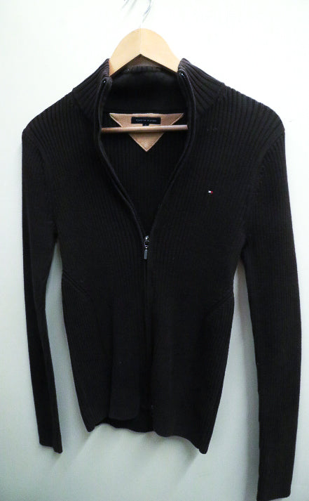 Vintage Brown Tommy Hilfiger Men's Chunky Cotton Zip Through Small Cardigan