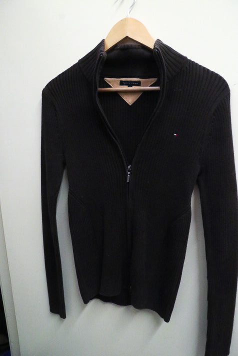 Vintage Brown Tommy Hilfiger Men's Chunky Cotton Zip Through Small Cardigan