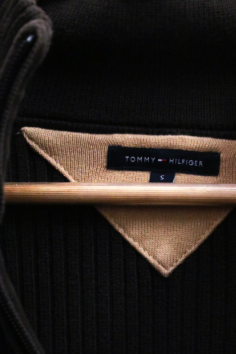 Vintage Brown Tommy Hilfiger Men's Chunky Cotton Zip Through Small Cardigan