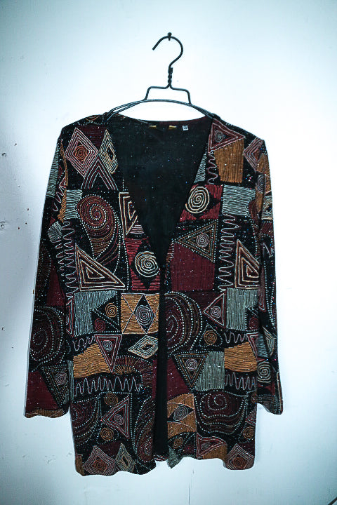 Vintage women Mandy Marsh beaded geometric multi long sleeve jacket top UK 12|L30 W20|SKU 6585