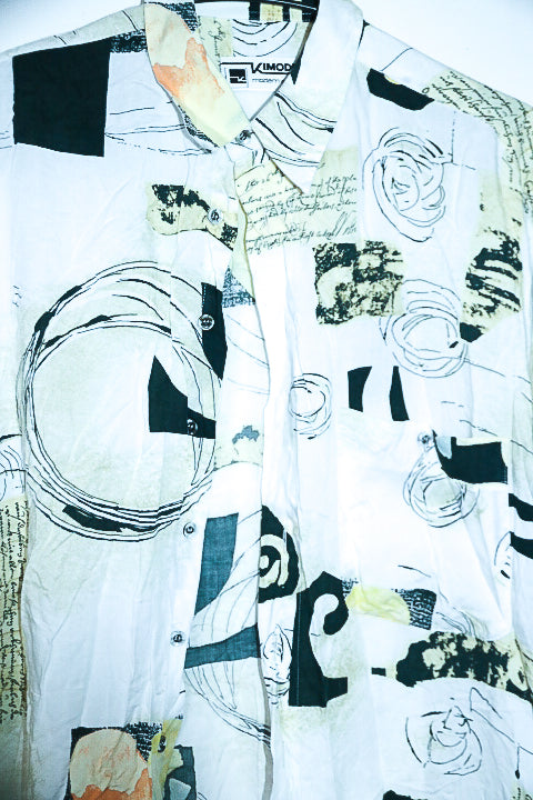 Vintage men white hawaiin abstract 90's short sleeve shirt in M/L|L34 W25|SKU 6589