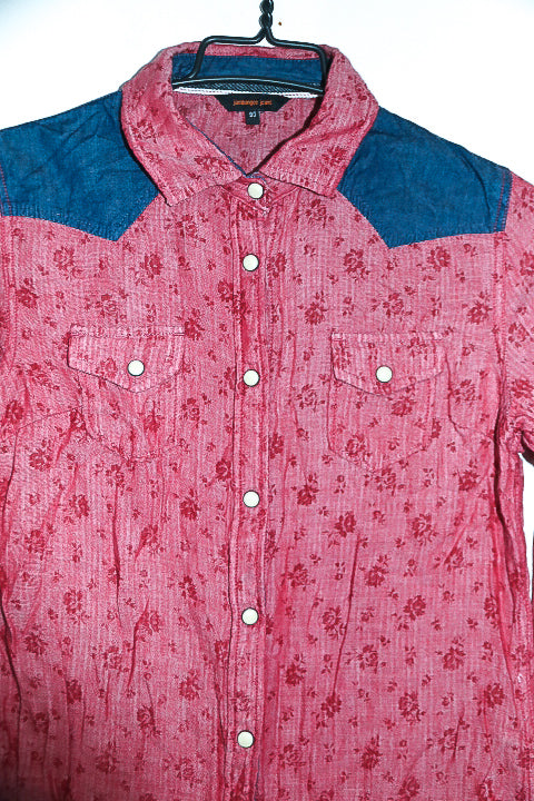 Vintage women Jambangee jeans red pattern double pocket long sleeve shirt in M|L26 W18|SKU 6590