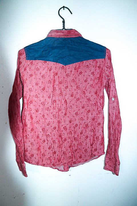 Vintage women Jambangee jeans red pattern double pocket long sleeve shirt in M|L26 W18|SKU 6590