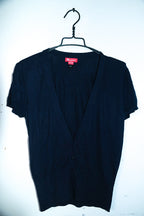 Vintage women Monsoon navy blue V-neck button down short sleeve sweater UK 14|L25 W20|SKU 6592