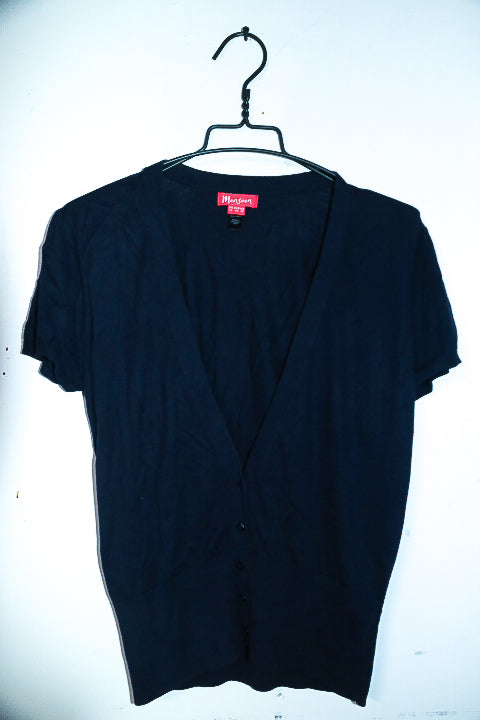 Vintage women Monsoon navy blue V-neck button down short sleeve sweater UK 14|L25 W20|SKU 6592