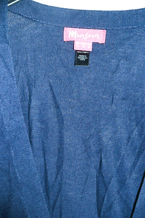 Vintage women Monsoon navy blue V-neck button down short sleeve sweater UK 14|L25 W20|SKU 6592