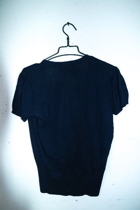 Vintage women Monsoon navy blue V-neck button down short sleeve sweater UK 14|L25 W20|SKU 6592