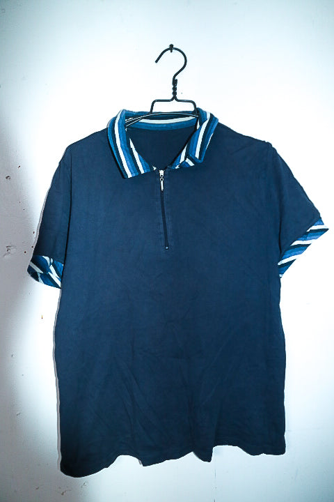 Vintage men 1/4 zip navy blue short sleeve polo shirt in L|L29 W24|SKU 6596