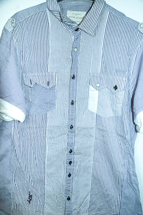 Vintage men River Island grey stripe double pocket short sleeve quality shirt in L|L34 W24|SKU 6604