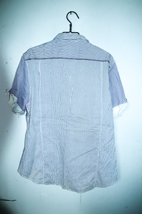 Vintage men River Island grey stripe double pocket short sleeve quality shirt in L|L34 W24|SKU 6604