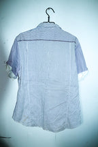 Vintage men River Island grey stripe double pocket short sleeve quality shirt in L|L34 W24|SKU 6604