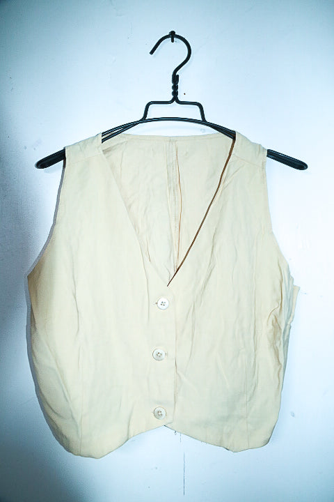Vintage women cotton canvas V-neck button down beige waist coat UK10|L19 W19|SKU 6614