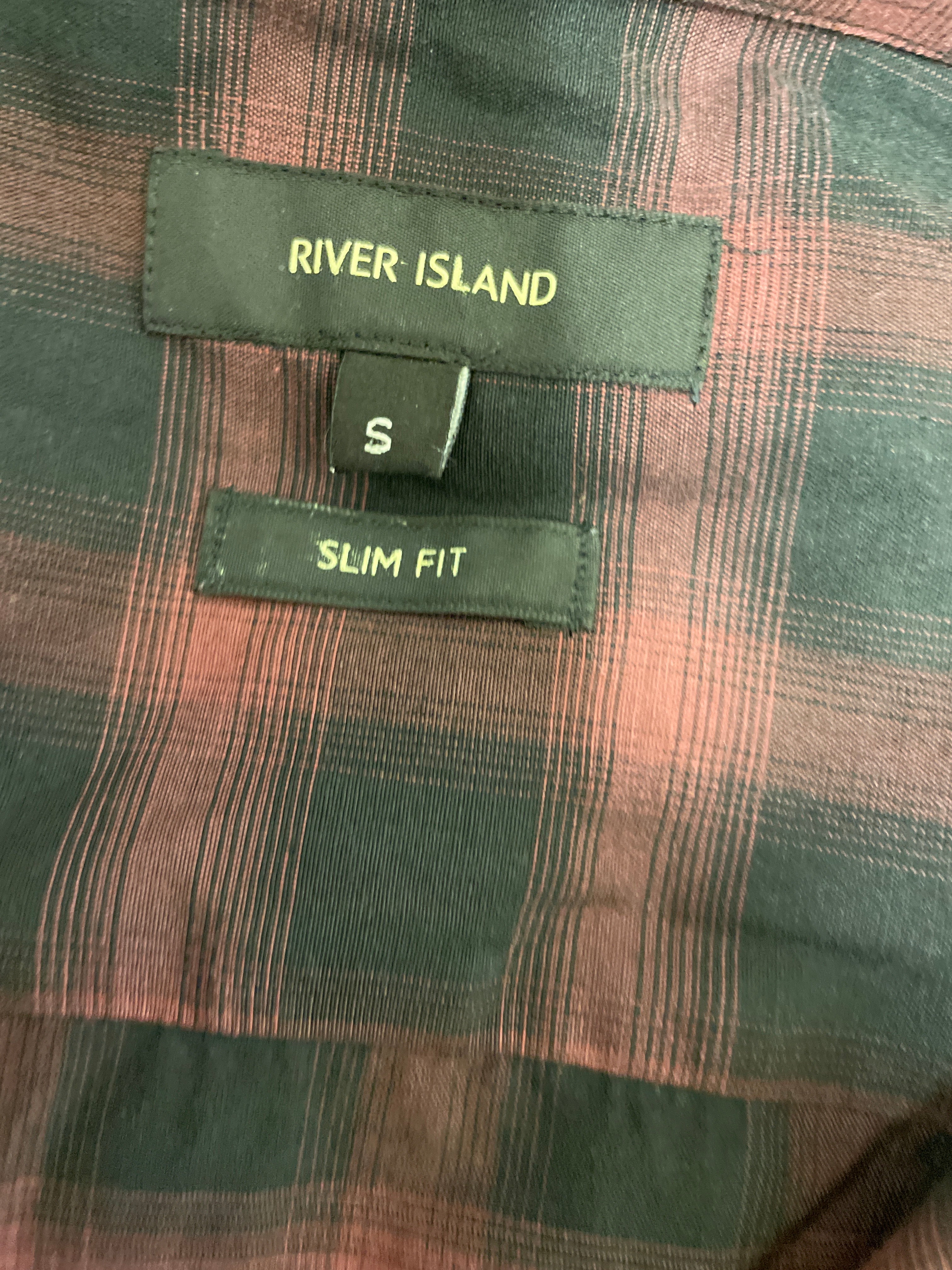 Rubynee  Vintage y2k mens river island dark brown checkered slim fit short sleeve shirt