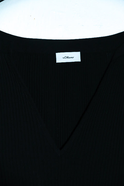 Vintage women S.Oliver black Sequin V-neck linen kneelength dress UK16|L30 W17|SKU 6616