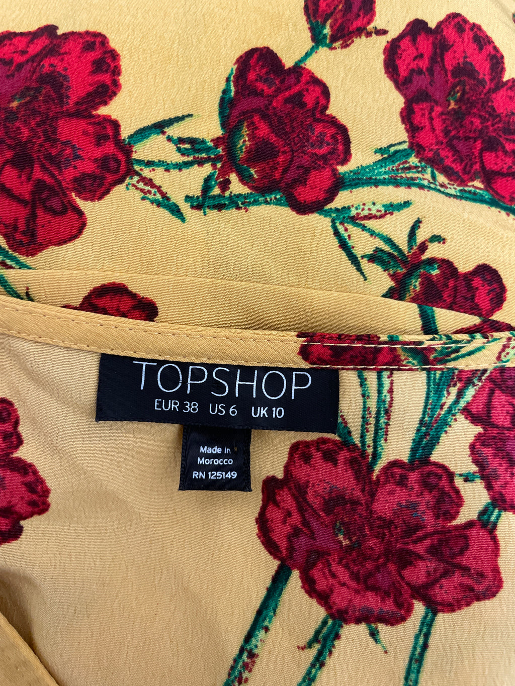 Rubynee  Vintage y2k Topshop Women Yellow Red Floral 3/4 Sleeve Polyester Crop Peplum Top size XS