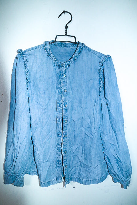 Vintage Marks & Spencer Womens Blue denim ruffle Button-Up top in M|L27 19|SKU 6640