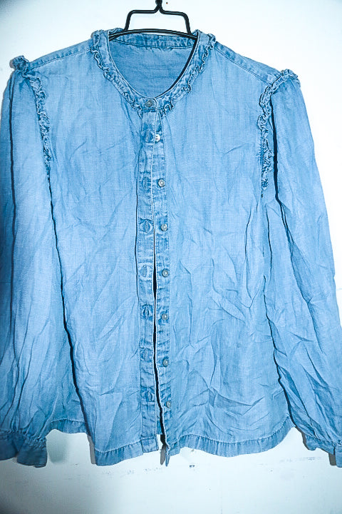 Vintage Marks & Spencer Womens Blue denim ruffle Button-Up top in M|L27 19|SKU 6640