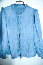 Vintage Marks & Spencer Womens Blue denim ruffle Button-Up top in M|L27 19|SKU 6640