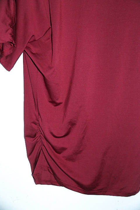 Vintage women short sleeve boat neck wine ruched side blouse in XL|L28 W15|SKU 6641