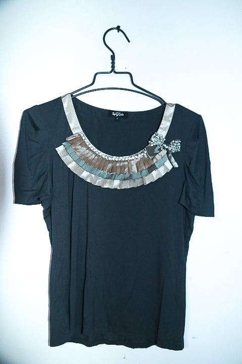 Vintage women gold ruffle neck per una grey top size 12|L24 W17|SKU 6644