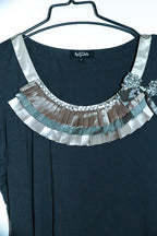 Vintage women gold ruffle neck per una grey top size 12|L24 W17|SKU 6644