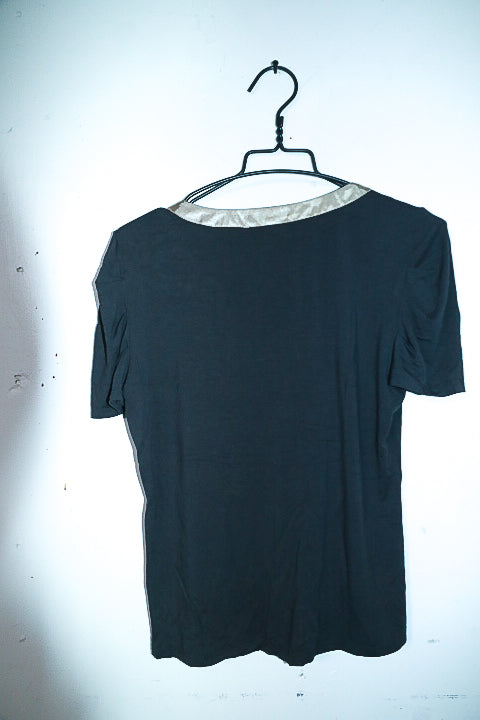 Vintage women gold ruffle neck per una grey top size 12|L24 W17|SKU 6644
