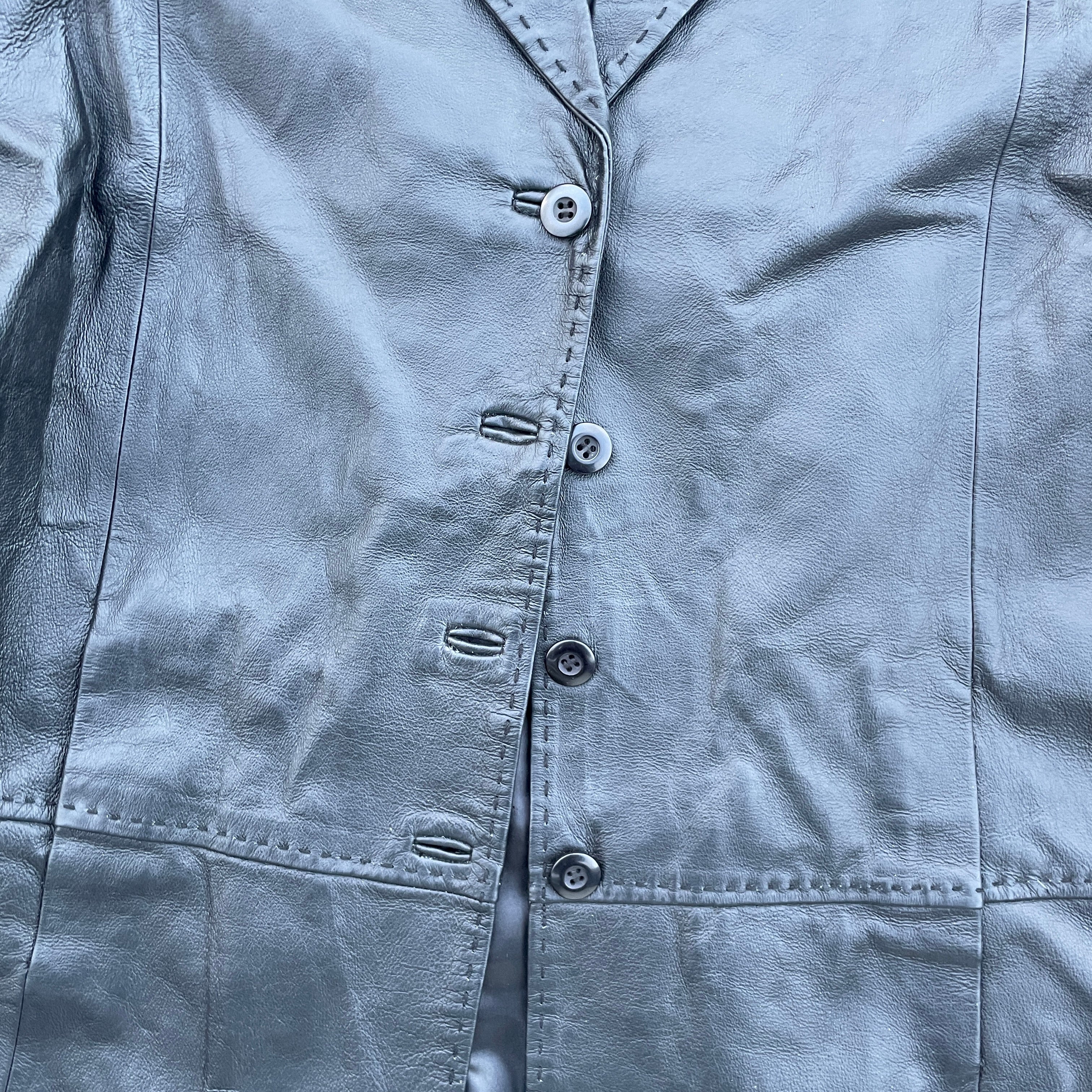 90's Deadstock Y2K Black Leather Stiche Coat Jacket, Vintage Goth Buffy Grunge Black Leather Coat, Size S  L/ xl  L 35 W 23 SKU 5307