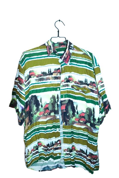 Vintage men Karl abstract print multi short sleeve shirt in M|L32 W23|SKU 6648