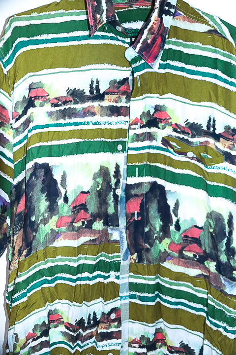 Vintage men Karl abstract print multi short sleeve shirt in M|L32 W23|SKU 6648